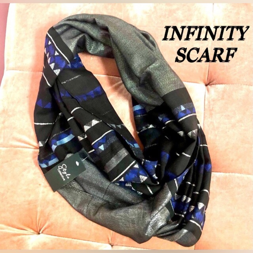 STYLE COLLECTIVE infinity scarf black/silver with blue triangle pattern NWT